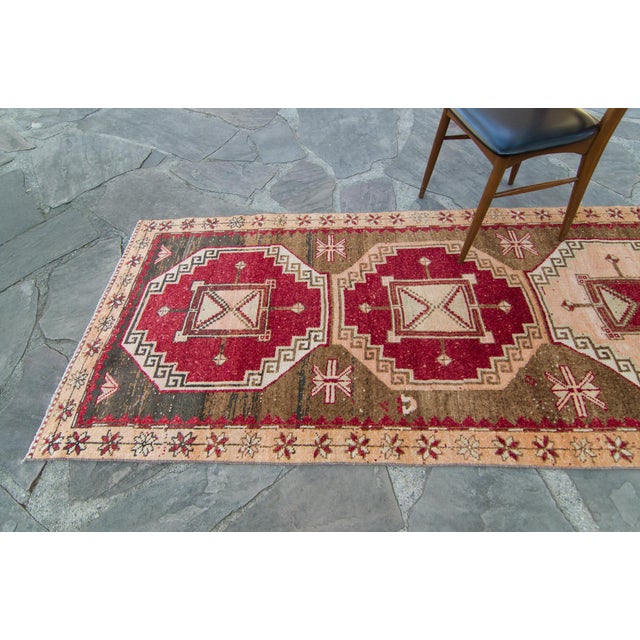 Contemporary House of Séance - 1960s Vintage Malatya Red Brown Medallion Wool Hand-Knotted Runner - 3'5" X 12'2" For Sale - Image 3 of 11