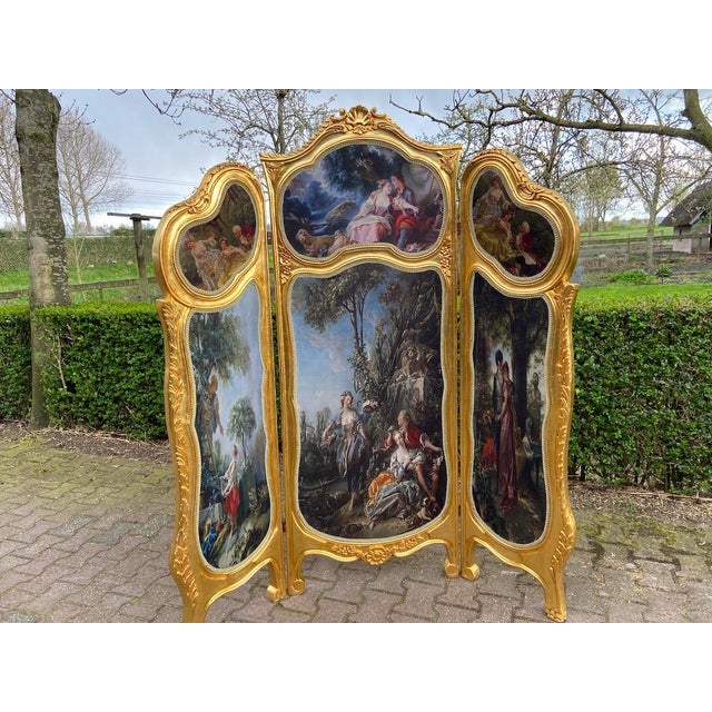 20thC French Louis XVI Gold Beech Scenic Room Divider Screen - 3 Panels For Sale - Image 12 of 18
