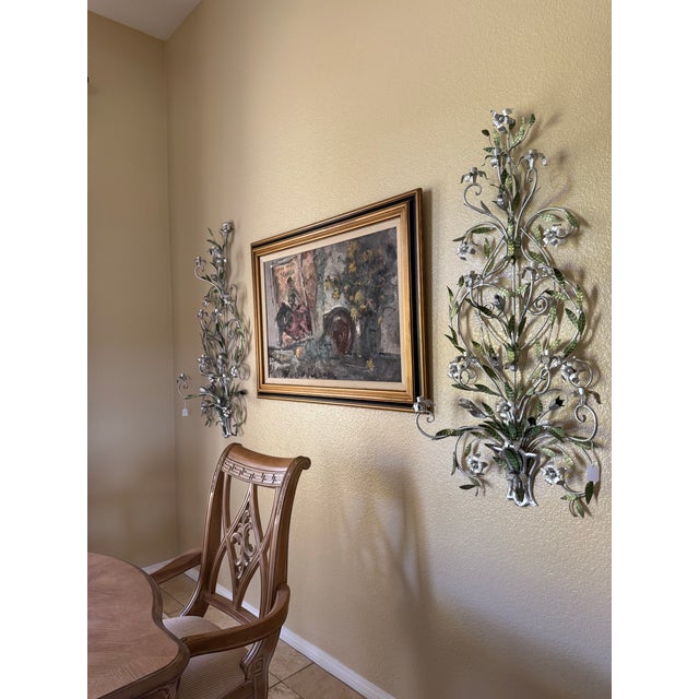 Florentine Style Romantic Floral and Leaf Scroll work in Silver and Green. Large grand scale with nine candle holders...
