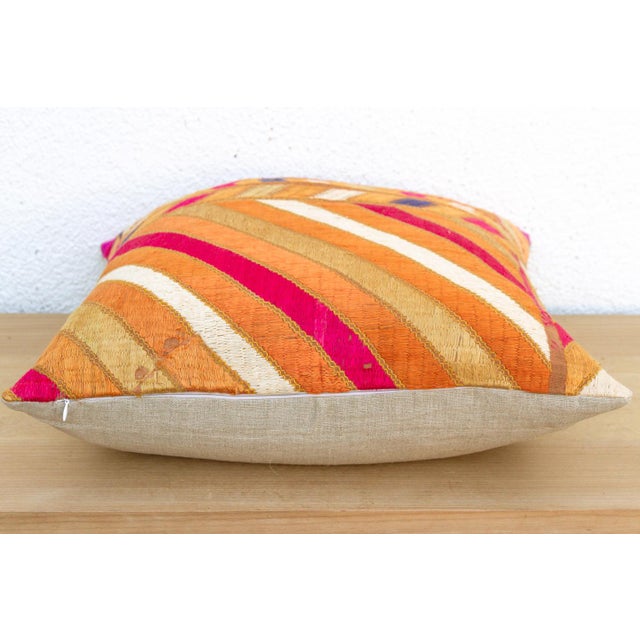 Indian Bold Leheriiya, 20" Heirloom Bagh Phulkari Pillow For Sale - Image 3 of 7