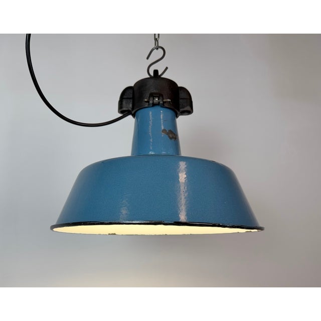Industrial Blue Enamel Factory Lamp with Cast Iron Top, 1960s For Sale - Image 10 of 18