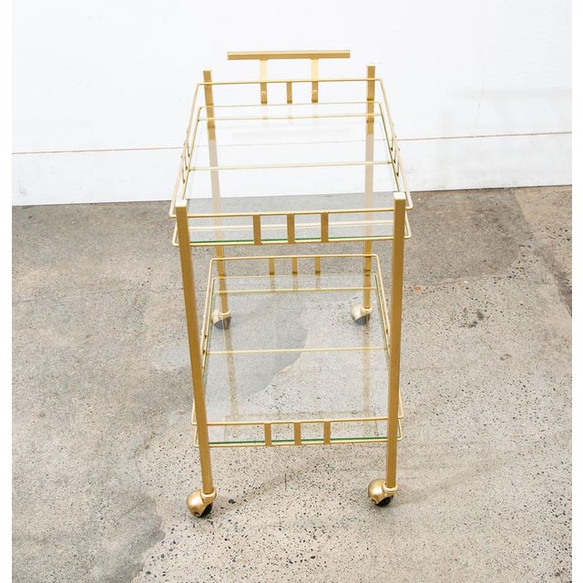 Brass 1960s Bar Cart Serving Trolley Brass Rolling Bar Glass 2 Tier Gold For Sale - Image 8 of 12