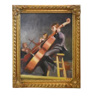 Cello Musician Player Oil Painting Including the Ornate Antiqued Gold Wood Frame
