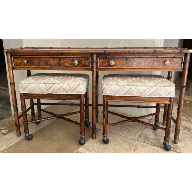 Hekman Burl Wood, Faux Bamboo Console With Nesting Stools & Brass Accents For Sale - Image 9 of 14
