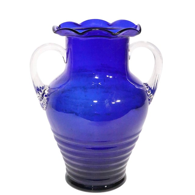 Mid 20th Century Mid 20th Cobalt Glass Handled Vase Att. To Fostoria For Sale - Image 5 of 7