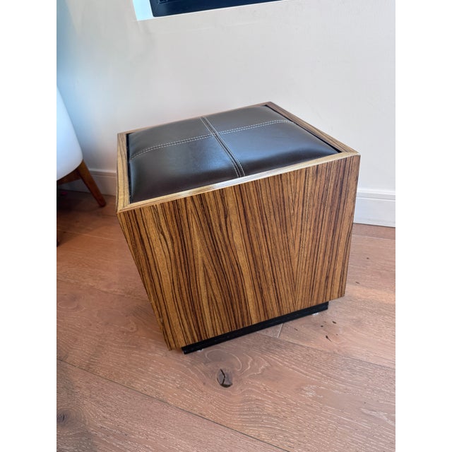 Pair of Modern Wood Cube Stools With Brown Leather Upholstered Tops For Sale - Image 10 of 13