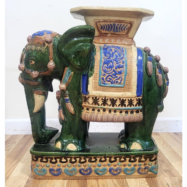 Green Pair Vintage Chinese Asian Glazed Terracotta Elephant Garden Stool Table Benches For Sale - Image 8 of 18