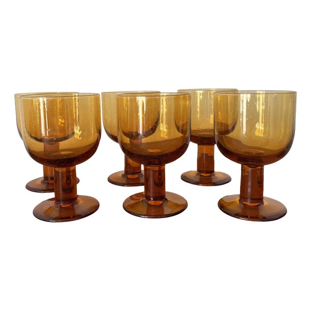 Vintage Stemmed Glasses in Smoked and Bubbled Glass Amber, 1970s, Set of 6 For Sale