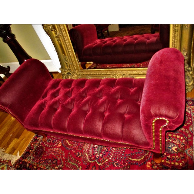 Queen Anne Vintage Queen Ann Ottoman Red Velvet Tufted Entryway / End of Bed Couch Settee For Sale - Image 3 of 10