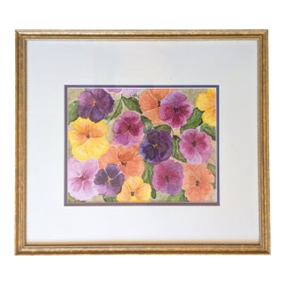 Vintage Original Botanical Pansy Flower Watercolor Painting Signed For Sale