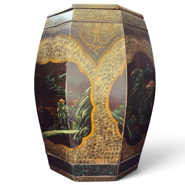 Mid 20th Century Unusual Kitten & Goldfish Octagonal Rice Barrel Hand-Painted Lacquer Wood 17.5" For Sale - Image 16 of 18