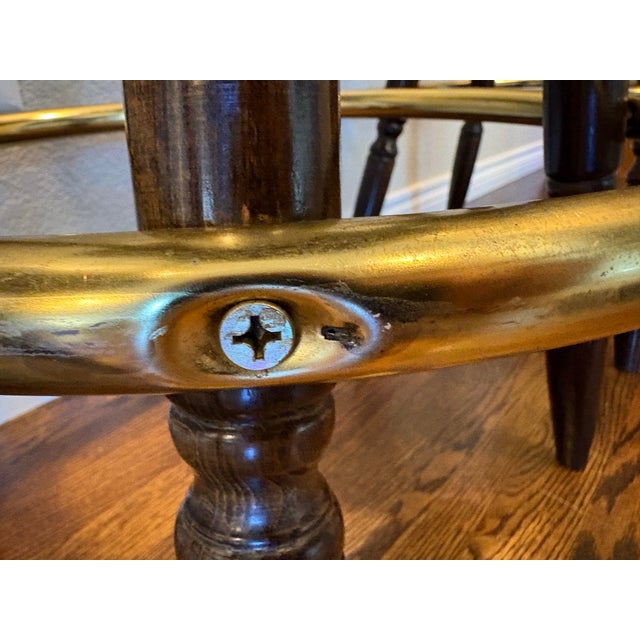 Vintage Yugoslavian Captain’s Mate Wood Swivel Bar Stools With Brass-Tone Footrests — Set of 3 For Sale In Denver - Image 6 of 12