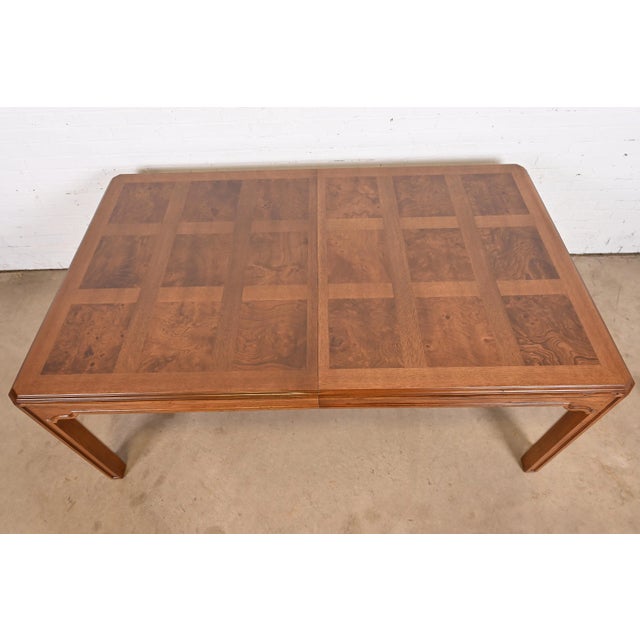 Brown Drexel Heritage Mid-Century Hollywood Regency Oak and Burl Wood Extension Dining Table With Parquet Top, Newly Refinished For Sale - Image 8 of 12