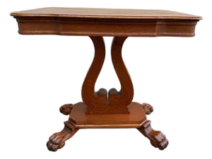 Antique Empire Style Tiger Oak Lyric Base Claw Feet Console Table