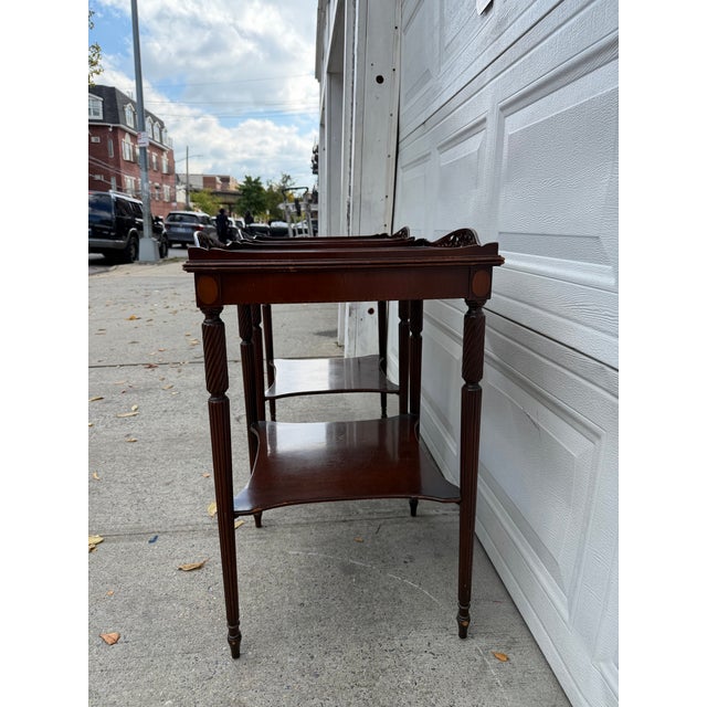 Pair of Vintage Hepplewhite Style Mahogany Side Tables With Pierced Galleries and Lower Shelves For Sale - Image 4 of 12