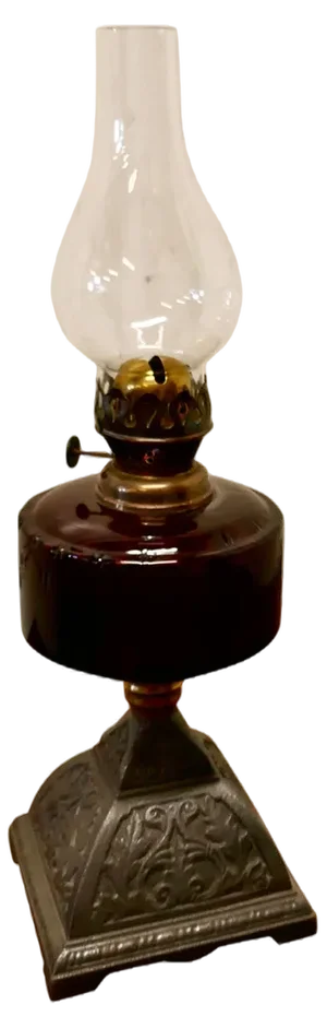Cranberry Glass Oil Lamp on Decorative Iron Base, 1870s