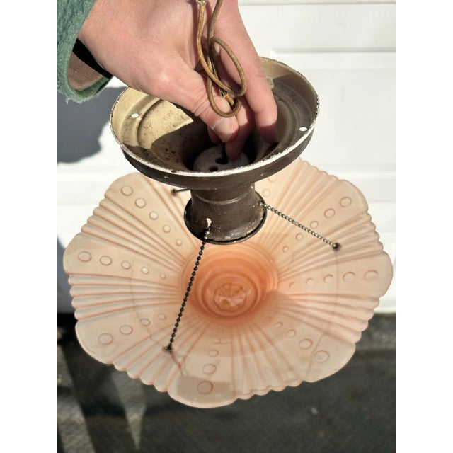 Art Deco Antique Pink Glass Hanging Light Fixture For Sale - Image 3 of 8