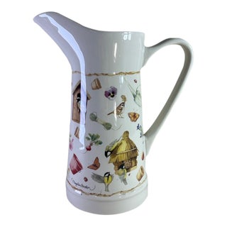 Late 20th Century White Ceramic Pitcher With Garden Motif Decoration For Sale