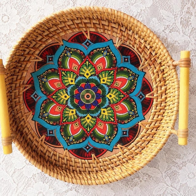 Set of Three Hand Painted Mandala Flower Pattern Rattan Round Trays With Handles For Sale In Chicago - Image 6 of 8