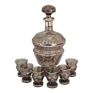 Mid 20th Century Czech Bohemian Crystal Silver Overlay Decanter and Cordial Set - 7 pcs For Sale