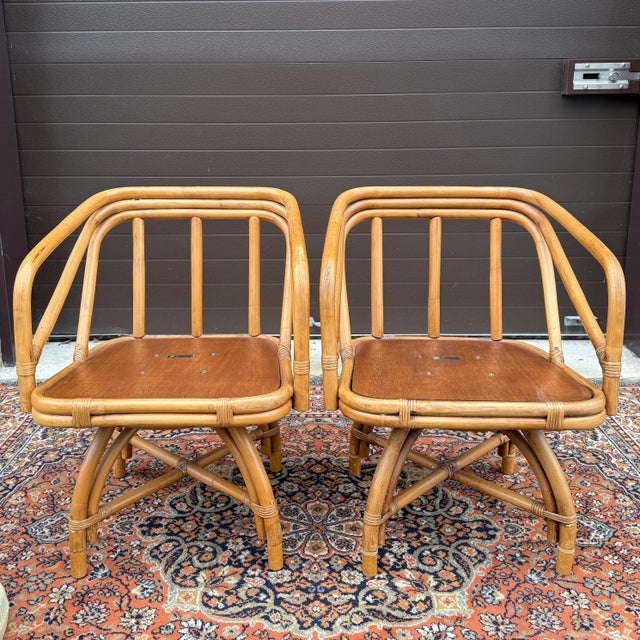 Camel 1970s Ficks Reed Mid Century Modern Bamboo / Rattan Swivel Dinette Chairs - A Pair For Sale - Image 8 of 18