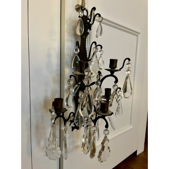 Metal Pair 1920's Crystal Candle Sconces For Sale - Image 7 of 11