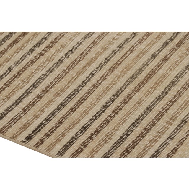 Traditional Vintage Distressed Runner Rug, Beige-Brown Geometric Stripe Design– Rug & Kilim For Sale - Image 3 of 8