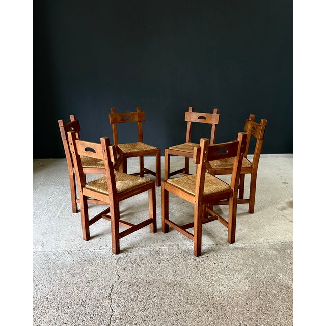 Brutalist Rustic Oak and Rush Dining Chair Set, Belgium, 1960s, Set of 6 For Sale - Image 6 of 18