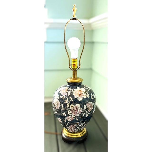 Frederick Cooper Vintage Dark Blue Floral Lamp For Sale - Image 10 of 10