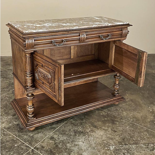 19th Century French Neoclassical Henri II Marble Top Walnut Buffet For Sale - Image 10 of 18