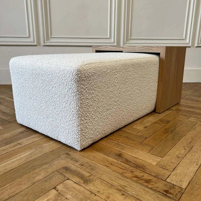 White Custom Boucle Cube Ottoman With White Oak Waterfall Table For Sale - Image 8 of 12