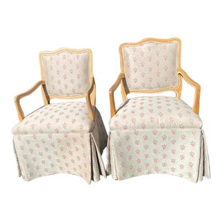 Pair of Mid Century French Provincial Skirted Dining Chairs in Floral Upholstery For Sale