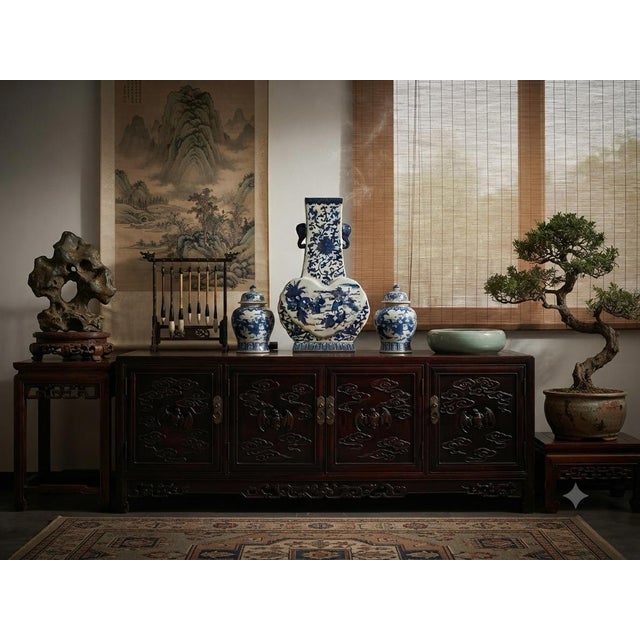 1980s Oriental Blue White Heart Shape Flat Floral Elephant Ring Porcelain Vase For Sale - Image 5 of 12