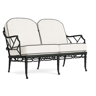 Brown Jordan Calcutta Loveseat in Black Jade with Sea Salt and Castaway Welt Cushions For Sale