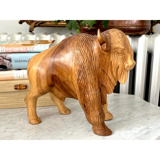 Vintage Wooden American Bison Buffalo Statue Carving For Sale - Image 9 of 9