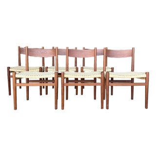 Set of 6 Hans Wegner Teak Dining Chairs With New Rushed Seats Ch-40 Teak For Sale