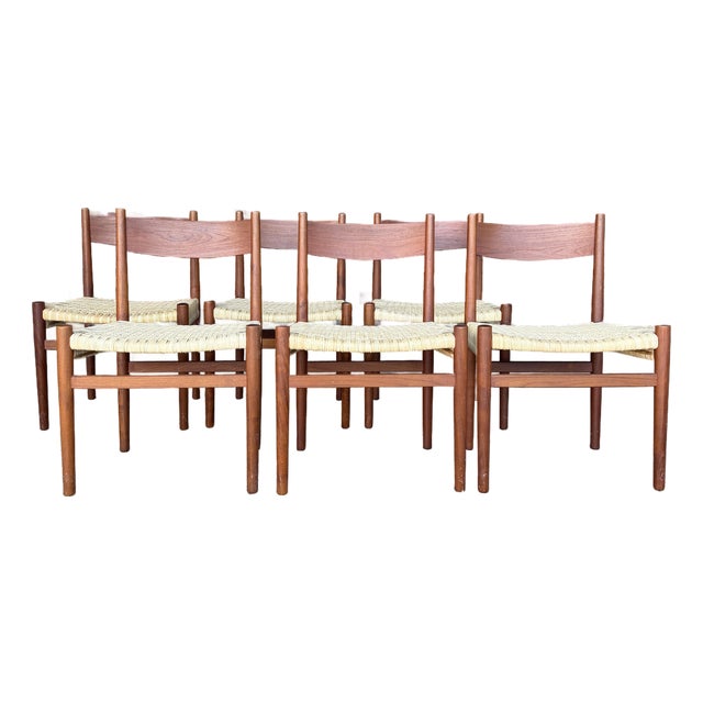 Set of 6 Hans Wegner Teak Dining Chairs With New Rushed Seats Ch-40 Teak For Sale