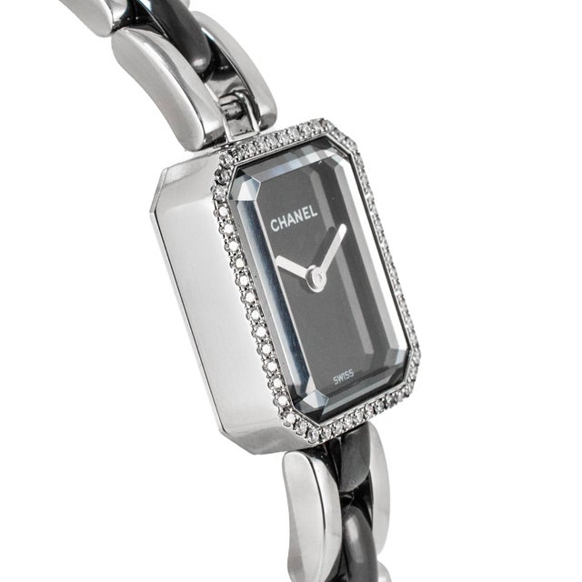 Early 21st Century Chanel Premiere 19.7mm Ceramic H2163 Diamond Bezel Black Ceramic and Steel Watch For Sale - Image 5 of 9