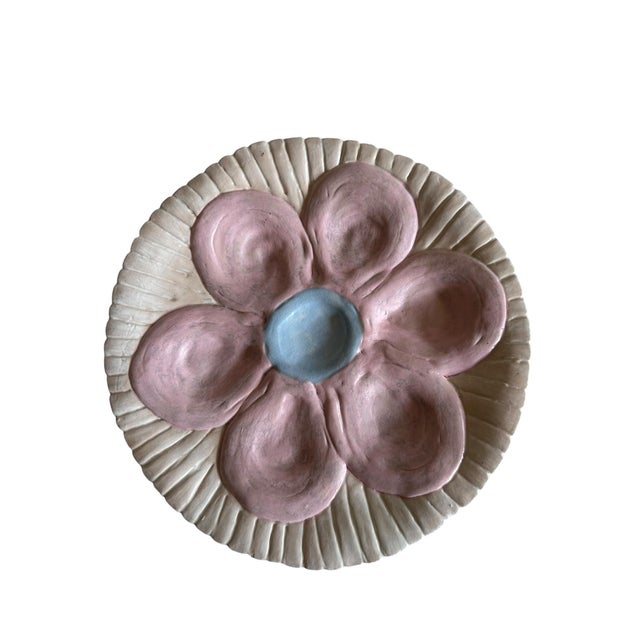 1960s Vintage Hand-Painted Ceramic Oyster Serving Platter Pink Oyster Plate With Center Sauce Well Coastal Cottage Entertaining For Sale - Image 5 of 9