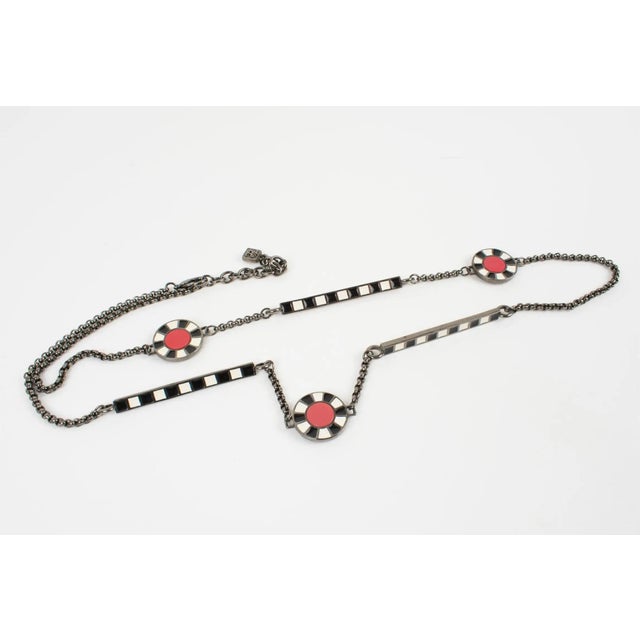 Contemporary Karl Lagerfeld Gunmetal Long Necklace with Red and Black Enamel For Sale - Image 3 of 13