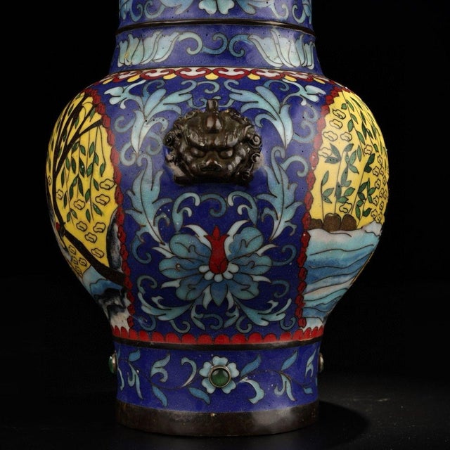 Metal Pair of Chinese Cloisonné "Crane & Willow" Vases With Beast Handles - 15.8 LBS For Sale - Image 7 of 9