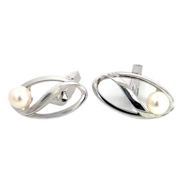 1990s Mikimoto Estate Akoya Pearl Mens Cufflinks Sterling Silver, 2 Pieces For Sale