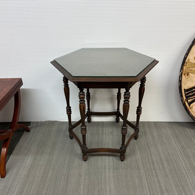 Traditional Vintage Hexagonal Wood Accent Table For Sale - Image 3 of 12