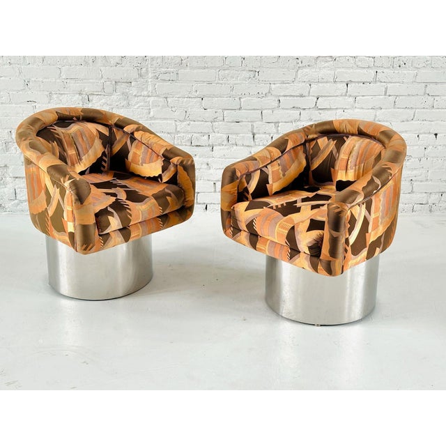 1970s Pair Pace Collection Stainless Steel Swivel Lounge Chairs, 1970 For Sale - Image 5 of 9