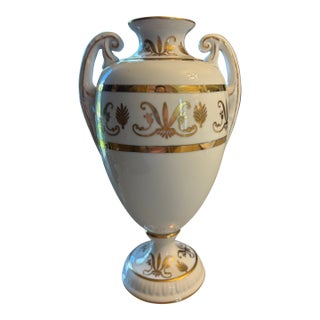Vintage Neoclassical White Porcelain Urn With Gold Gilt & Twin Handles For Sale