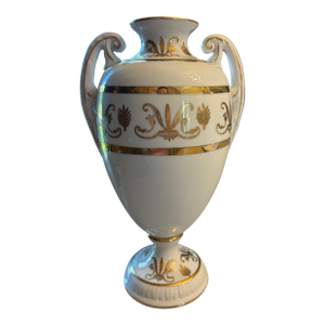 Vintage Neoclassical White Porcelain Urn With Gold Gilt & Twin Handles
