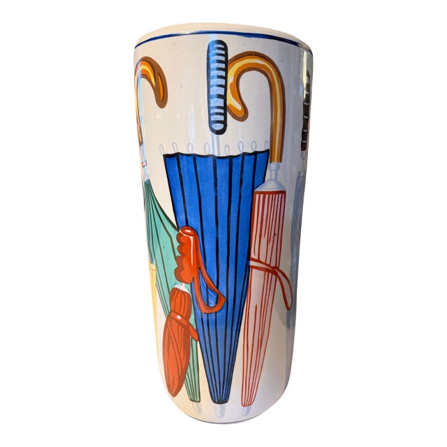 Hand Painted Postmodern 80s Ceramic Umbrella Holder Fornasetti Style Graphic Art For Sale