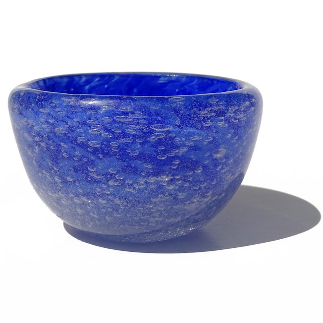 Beautiful antique Murano hand blown blue with bubbles Italian art glass miniature personal dish, vide-poche. Attributed to...