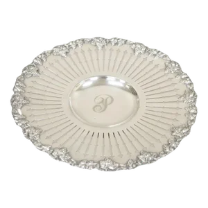 Antique English Edwardian Grapevine Repousse Silver Plated Pierced Serving Platter "P"