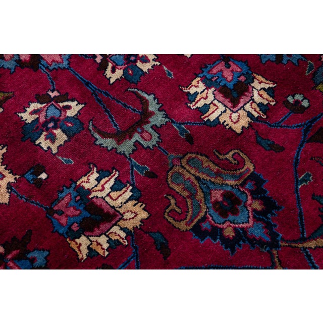 Textile Mashad Handmade Allover Floral Red Wool Rug For Sale - Image 7 of 11